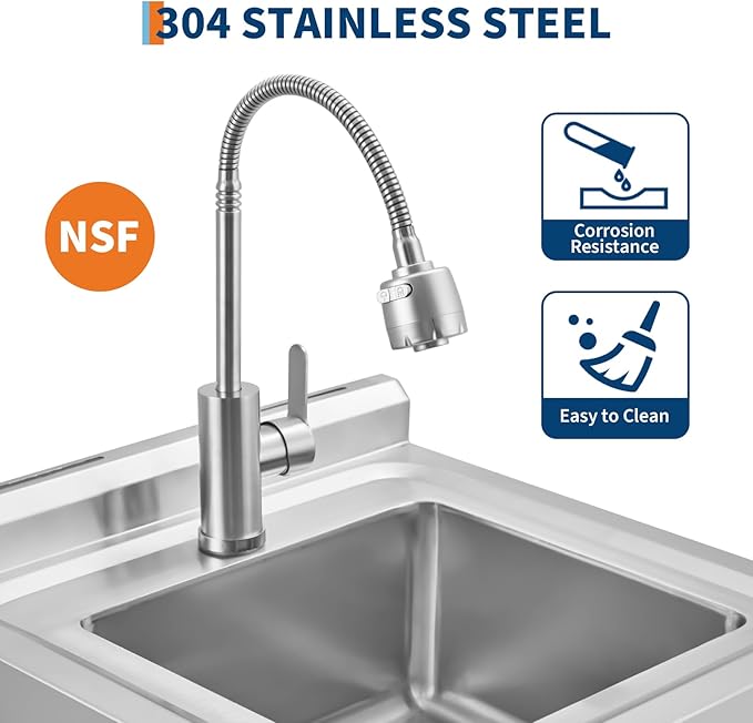 Stainless Steel Utility Sink, Free Standing Single Bowl Kitchen Sink, Adjustable Leg Height, with Faucet, Hot and Cold Water Pipes, Commercial Laundry Tub, Hook for Indoor Outdoor Farmhouse Use