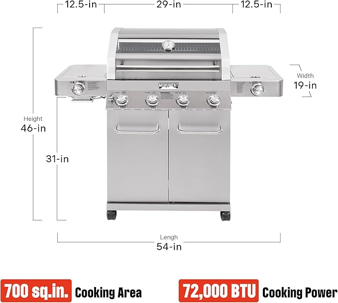 Monument Grills Larger 4+2 Burner Propane Gas Grills Stainless Steel Cabinet Style with Clearview® Lid, Knob Controls, Built-In Thermometer, Infrared Side Sear Burners & Side Burners, Outdoor Use