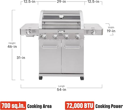 Monument Grills Larger 4-Burner Propane Gas Grills Stainless Steel Cabinet Style with Infrared Side Sear & Side Burners Knob Controls Built-In Thermometer with Stainless Steel Rotisserie Kit(2 Items)