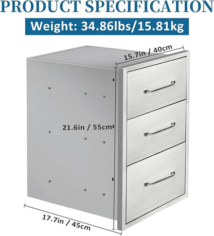 Outdoor Kitchen Drawers 15.7"Wx21.6"Hx17.7"D Flush Mount Access 3-Drawer BBQ Stainless Steel Drawers with Handle for Outdoor Kitchen Island or Grill Station