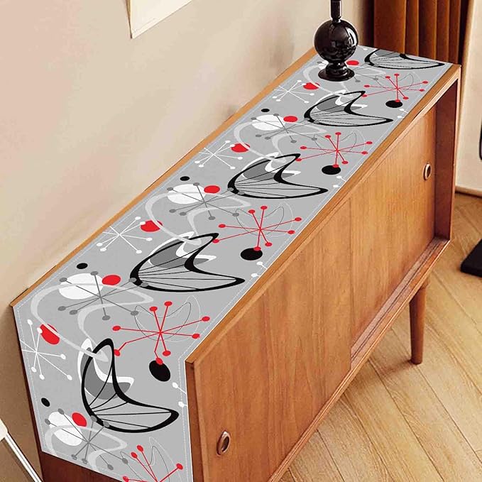 Mid Century Table Runner, Retro 1950s Atomic Minimalist Modern Abstract Geometric Gray Coffee Table Center Decor for Home Kitchen Dining Patio Holiday Party Table Decorations, 13"x90" Inch