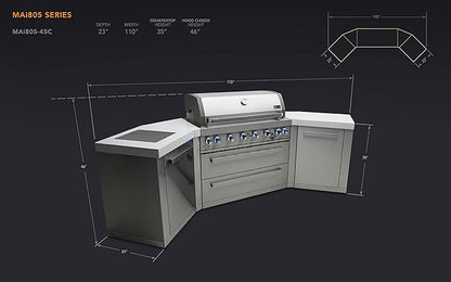 Mont Alpi MAi805-45 44-inch 6-Burner 115000 BTU 45 Degree Stainless Steel Gas Outdoor Kitchen Bar Barbecue Island Grill + Infrared Side & Rear Burners + Granite Countertops + Storage Drawers