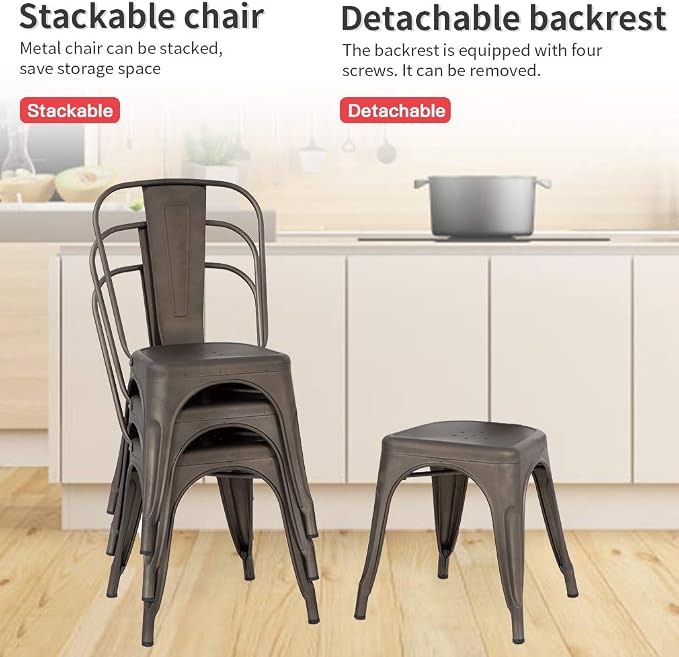 FDW | Metal Dining Chairs | Set of 4, Bronze | 330lbs Load | Stackable Tolix - Image 7