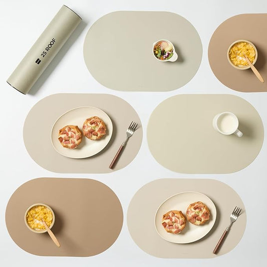 Beige Oval Silicone Placemats Set of 6 – Heat Resistant, Waterproof, Easy to Clean Non-Slip Modern Dining Table Mats – Premium Leather Textured Japandi Kitchen Decor