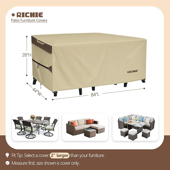 Outdoor Patio Furniture Cover - Heavy Duty Waterproof 600D Tough Canvas Protector for Rectangular Table Cover, All-Season Dining Table and Chair Covers (84L x 44W x 28H Inch)
