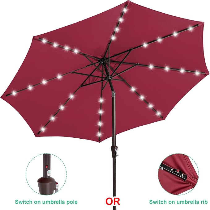 JEAREY 9' Patio Umbrella with Solar Lights, LED Umbrella, Burgandy | Outdoor - Image 2