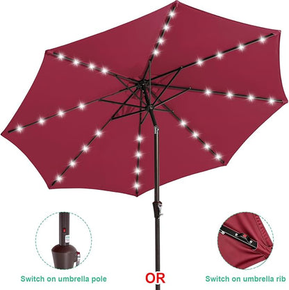 JEAREY 9' Patio Umbrella with Solar Lights, LED Umbrella, Burgandy | Outdoor - Image 2