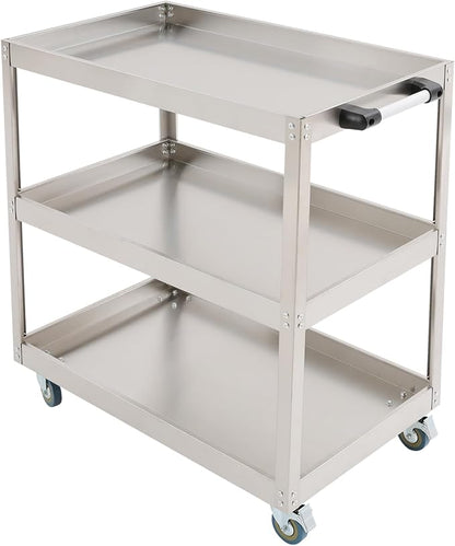 Stainless Steel Utility Cart, Heavy Duty 3-Tier Service Cart with 4 Wheels (2 Locking), 440 lbs Capacity Rolling Cart for Kitchen, Restaurant, Garage, Workshop, Silver