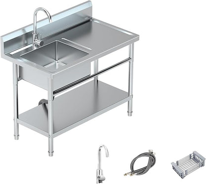 Utility Sink Freestanding Single Bowl Laundry Sink with Hot and Cold Water Plumbing Workbench & Storage Stainless Steel Sink for Kitchen and Bathroom Farmhouse Style, Metallic Gray