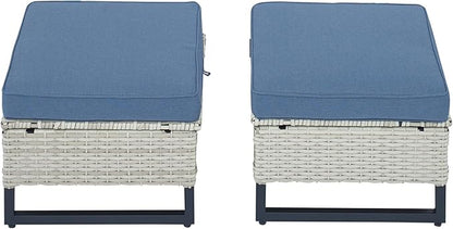 HUMMUH Outdoor Ottomans for Patio Set of 2 PE Wicker Outdoor Footstool with Removable Weather-Resistant Cushions for Patio, Backyard Light Grey Blue