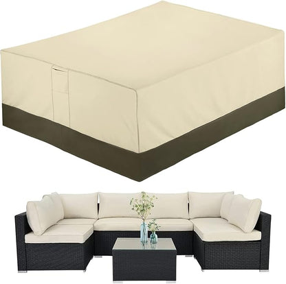 SunPatio Patio Furniture Covers, 600D Waterproof Rectangular/Oval Dining Table and Chairs Cover, All-Weather Protection Outdoor Sectional Conversation Set Cover, Beige and Olive, 88"W x 62"D x 28"H