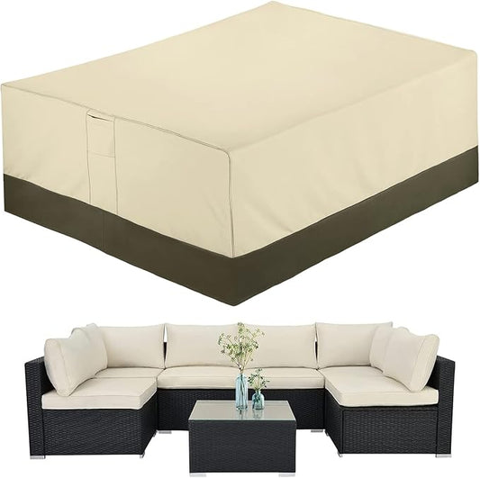 SunPatio Patio Furniture Covers, 600D Waterproof Rectangular/Oval Dining Table and Chairs Cover, All-Weather Protection Outdoor Sectional Conversation Set Cover, Beige and Olive, 88"W x 62"D x 28"H