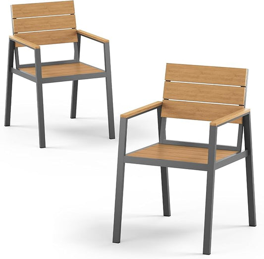 Outdoor Patio Dining Chairs Set of 2, 350LBS Capacity Aluminum Patio Dining Chairs with Armrests, Weather-Resistant for Lawn, Garden, Yard, Poolside and Indoor Use (Gray & Teak)