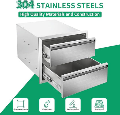 Outdoor Kitchen Drawers 18" W x 15" H x 23" D Stainless Steel Double Drawers with Hidden Handle for BBQ Island, Patio Grill Station & Outdoor Kitchen Cabinets