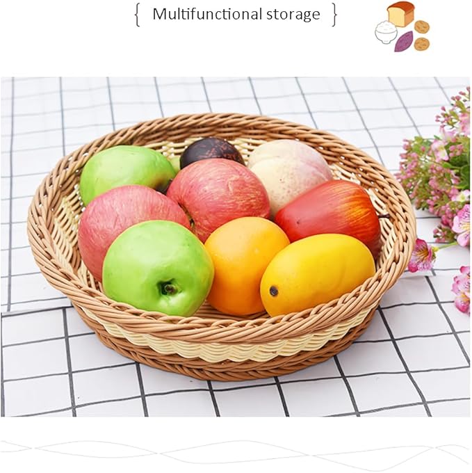 RT&BS Round Wicker Bread Basket, Christmas Food Baskets, Eco-Friendly Sturdy Stackable Fruit Basket for Kitchen, Store, Restaurant, Party (Bicolor, S)