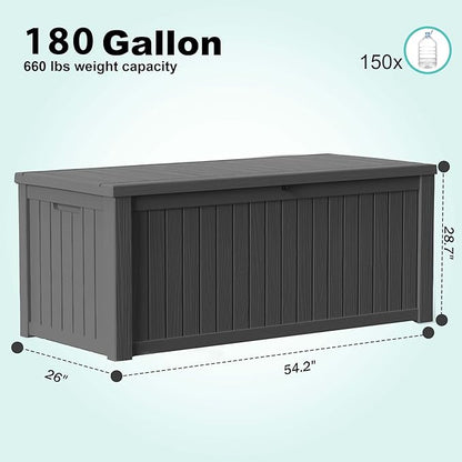 EasyUp 180 Gallon Outdoor Storage Box, Resin Waterproof UV-Resistant Deck Box with Hydraulic Lid Support, Reinforced Stability for Patio, Garden, and Poolside, Black