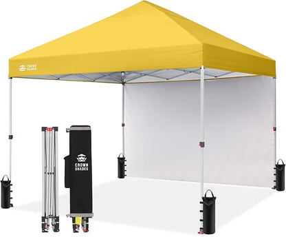CROWN SHADES 8x8 Pop Up Canopy with 1 Side Wall - Beach Tent with One Push Setup - Outdoor Sun Shade for Events, Parties, Camping - Gazebo with STO-N-Go Cover Bag (Yellow)