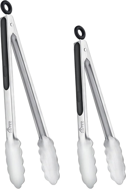 Hotec Stainless Steel Kitchen Tongs, Set of 2-9" and 12", Locking Metal Food Tongs for Cooking, Serving, BBQ, Grill Non-Slip Grip