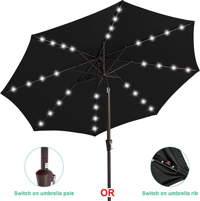 JEAREY 9' Patio Umbrella with Solar Lights, LED Umbrella, Jet Black | Outdoor - Image 2