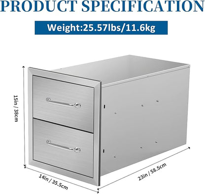 Outdoor Kitchen Drawers 14"Wx15"Hx23"D Flush Mount Access 2-Drawer BBQ Stainless Steel Drawers with Handle for Outdoor Kitchen Island or Grill Station