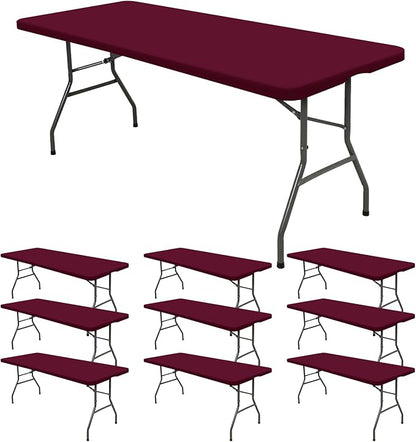 10 Pack Fitted Tablecloth for 8 Foot Rectangle Tables, Wine Red Elastic Outdoor Picnic Table Cover, Washable Stretch Folding Table Cloths 8 ft for Camping Party Patio Kitchen Banquet, 30" W x 96" L