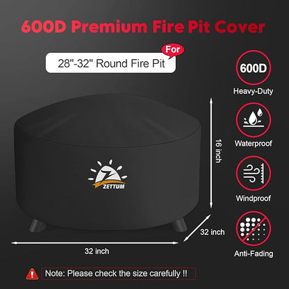 Zettum Fire Pit Cover Round 32 Inch - Outdoor Firepit Cover Heavy Duty & Waterproof, 600D Patio Fire Table Cover Gas Fire Pit Accessories Fade & Weather Resistant - 32 x 32 x 16 Inch