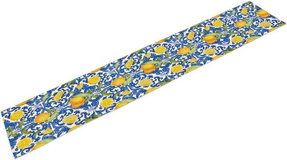 Rustic Lemon Table Runner,Vintage Morocco Blue Mediterranean Spring Summer Fruit Print Table Runner for Farmhouse Kitchen Dining Table Home Party Decor 13x108in