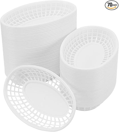 JAPCHET 70 Pack Fast Food Baskets, 9 x 6 Inch Oval Plastic Serving Baskets, Reusable Plastic Restaurant Food Basket for Hot Dogs Burgers Fries Sandwiches Birthday Party Picnics, White