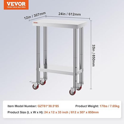 Vevor Stainless Steel Work Table with Wheels 24 x 12 x 32 Inch Prep Table with 4 Casters Heavy Duty Work Table for Commercial Kitchen Restaurant Business : Industrial & Scientific