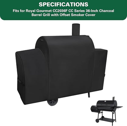 Heavy Duty 600D Grill Cover Fits for Royal Gourmet CC2036F CC Series 36-Inch Charcoal Barrel Grill with Offset Smoker Cover