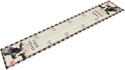Cow Farmhouse Table Runner, Rustic Black White Plaid Buffalo Animals Flower Rose Farm Coffee Table Center Decor for Family Kitchen and Living Room Country Holiday Party Table Decorations, 13" X 72"