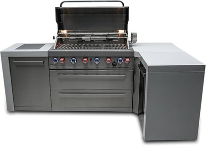 Mont Alpi 805 6-Burner 115000 BTU MAi805-D90 L-shaped Stainless Steel Deluxe Modular Outdoor Kitchen BBQ Island Grill, Infrared Rear & Side Burner, Granite Countertops, Storage, Rotisserie Kit & Cover