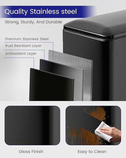 Kitchen Rubbish Bin, 45 Litre Waste Bin, Large Pedal Bin, Kitchen Rubbish Bin with Softclose Lid and Inner Bin, Slim Pedal Bin for Kitchen, Bathroom and Office, Black