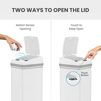 iTouchless 50 Liter / 13 Gallon Kitchen Trash Can with Lid & AbsorbX Odor Filter – Motion Sensor Chalk White Stainless Steel Garbage Bin for Home, Office, or Garage – Slim, Large Capacity Design