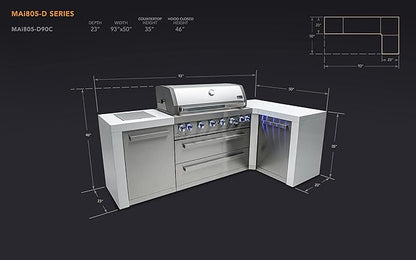 Mont Alpi 805 6-Burner 115000 BTU MAi805-D90 L-shaped Stainless Steel Deluxe Modular Outdoor Kitchen BBQ Island Grill, Infrared Rear & Side Burner, Granite Countertops, Storage, Rotisserie Kit & Cover