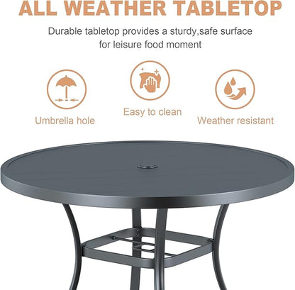 VICLLAX Round Patio Dining Table, 41 inch Metal Outdoor Dining Table with Umbrella Hole for Garden Lawn Balcony Deck, Dark Grey