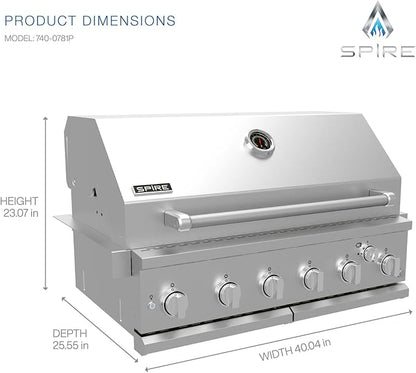 Spire Premium 6 Burner Built In Gas Grill Island Head, Stainless Steel 36 Inch Propane Grill with Rear Burner, 73,000 BTUs, 904 SQ In Racks with Dual Fuel Compatibility - 740-0781P