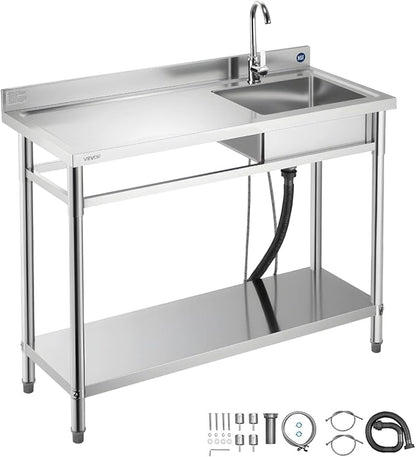 VEVOR Stainless Steel Utility Sink, Free Standing Single Bowl Commercial Kitchen Sink with Faucet, Utility Left Basin Workbench with Hot & Cold Water Pipe for Garage Restaurant Laundry, 47x19.7x37 in