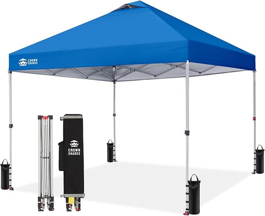 CROWN SHADES 10x10 Pop Up Canopy - Beach Tent with One Push Setup - Easy Outdoor Sun Shade for Events, Parties, Camping - Gazebo with STO-N-Go Cover Bag, Silver Coated Top, Blue