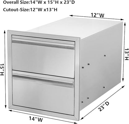 Outdoor Kitchen Drawers 14" W x 15" H x 23" D Flush Mount BBQ Drawers Double Layer Access Storage Drawers for Outdoor Kitchen Island, Patio Grill Station