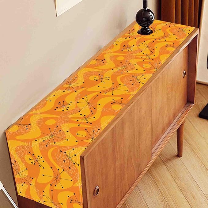 70s Table Runner, Retro Orange Wave Mid Century Atomic Print Abstract Hippie Coffee Table Center Decor for Home Kitchen Dining Patio Holiday Party Indoor Outdoor Table Decorations, 13"x90" Inch