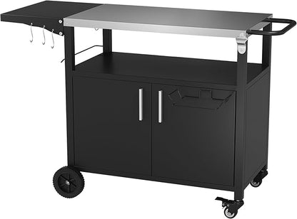 Vongrasig Grill Cart with Storage, Outdoor Bar Cart Rolling BBQ Movable Pizza Oven Table Stand with Foldable Stainless Steel Top & Storage Cabinet, Black