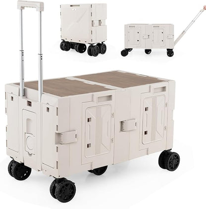 Goplus Large Foldable Utility Cart w/ 2-Tier Storage Crates, 5 Rotate Wheels, Metal Telescoping Handle, Portable Rolling Trolley Collapsible Cart for Grocery Shopping Camping & Travel