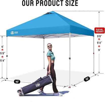 Crown Shades 10x10 Pop Up Canopy - Beach Tent with One Push Setup - Outdoor Sun Shade for Events, Parties, Camping - Gazebo with STO-N-Go Cover Bag, Silver Coated Top, 3 Height& 4 Sand Bags, Sky Blue