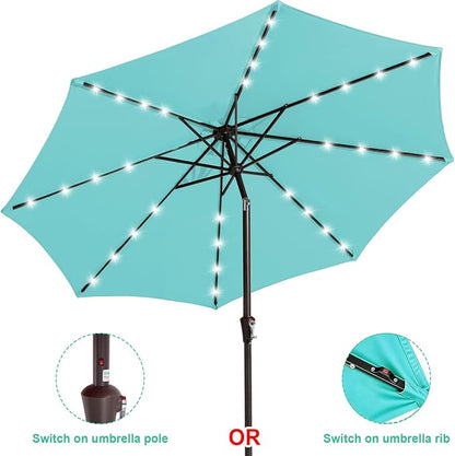 JEAREY 9' Patio Umbrella with Solar Lights, LED Umbrella, Teal | Outdoor Table - Image 2