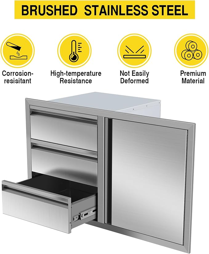 Outdoor Kitchen Drawer Combo, Stainless Steel Triple Drawers & 2 Trash Can Drawers, Enclosed Built-in Drawer Flush Mount For Outdoor Kitchens & BBQ Islands,G4