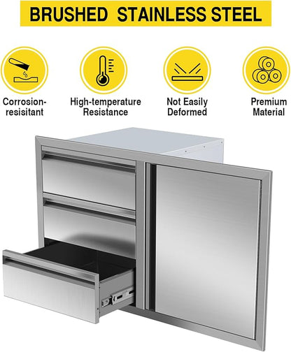Outdoor Kitchen Drawer Combo, Stainless Steel Triple Drawers & 2 Trash Can Drawers, Enclosed Built-in Drawer Flush Mount For Outdoor Kitchens & BBQ Islands,G4