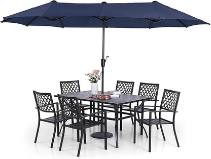 Sophia & William Patio Dining Set with 13ft Double-Sided Patio Umbrella, 8 Piece Metal Outdoor Table Furniture Set with 6 Outdoor Stackable Chairs, 1 Rectangle Dining Table and 1 Large Navy Umbrella
