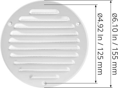 White Metal 5'' Inch Round Ventilation Grille - Inside/Outside use - (Grille: 5''Ø/Cover Area: 6.25''Ø) - Air Vent Louver - Available 4 Sizes / 2 Types / 1 Color.