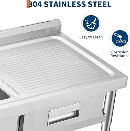 Freestanding Stainless Steel Utility Sink with Workbench, Right Drawer, Commercial Kitchen Sink with Faucet, Hot & Cold Water, Storage Shelf, S-Hook, Knife Holder, Adjustable Leg for Indoor Outdoor